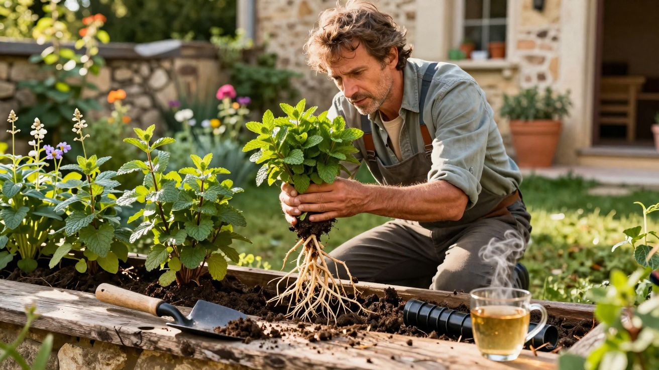 Homem a transplantar planta aromática num jardim ensolarado com chá ao lado.
