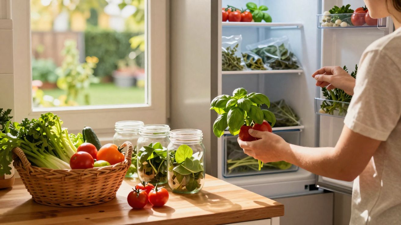 Pessoa a guardar hortaliças frescas numa geladeira perto de uma janela com luz natural.