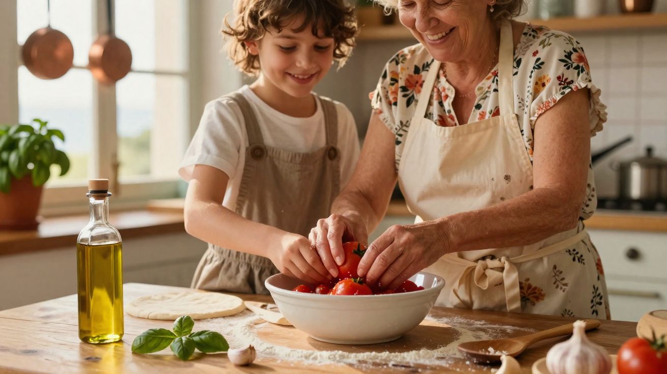 Avó e neto a preparar tomates numa cozinha luminosa com azeite e ingredientes frescos na mesa.