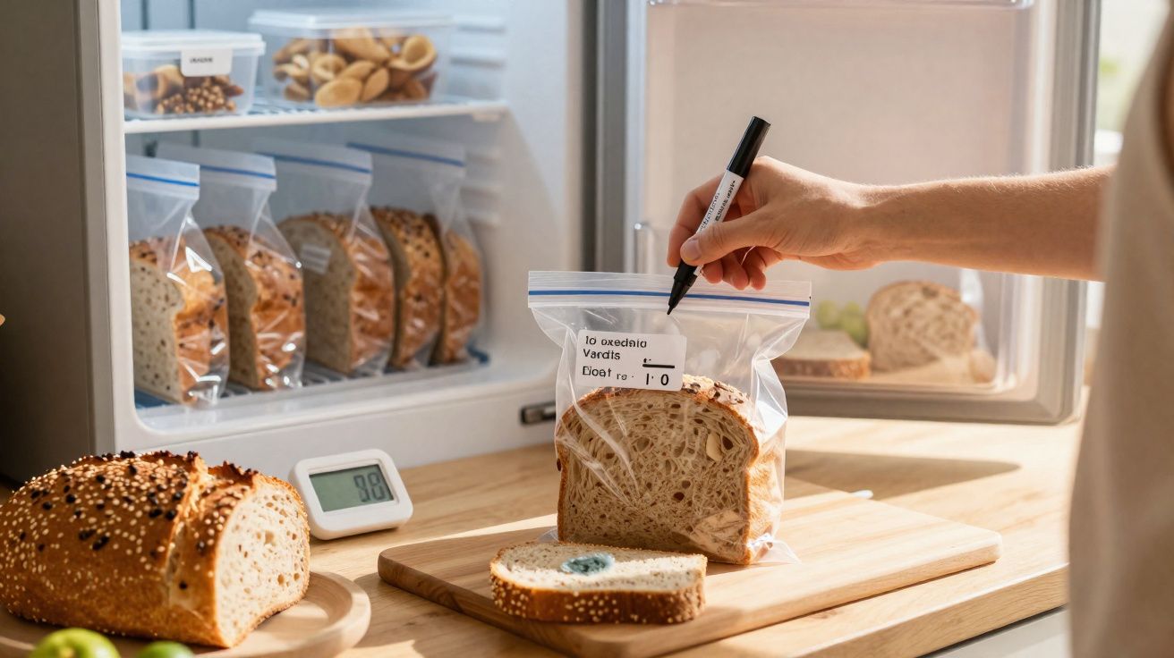 Pessoa a escrever data numa embalagem plástica com fatias de pão para armazenar no frigorífico.