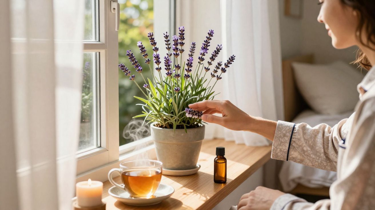Pessoa a apanhar lavanda junto a uma janela com chá quente, vela acesa e frasco de óleo essencial.