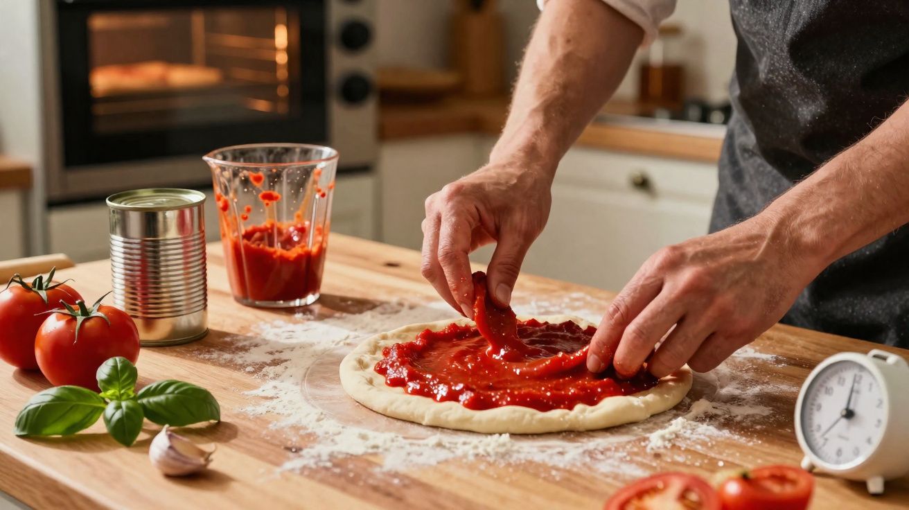 Pessoa a espalhar molho de tomate na base de pizza numa cozinha com ingredientes frescos.