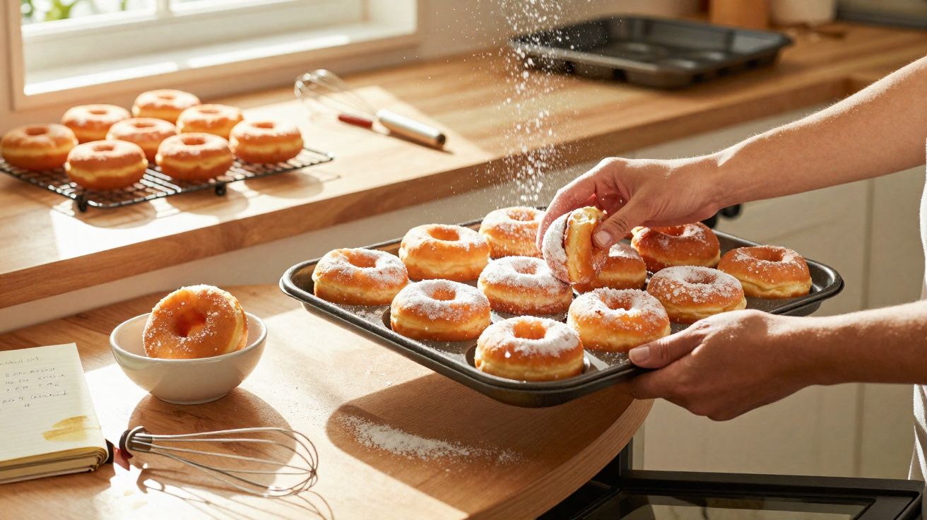 Pessoa polvilhando açúcar em donuts frescos numa cozinha iluminada e acolhedora.