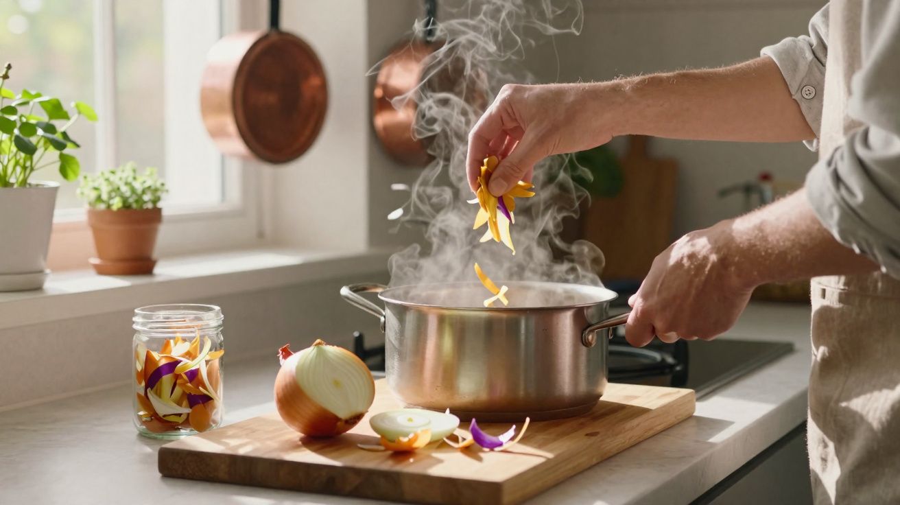 Mãos a adicionar legumes cortados numa panela em ebulição numa cozinha bem iluminada.