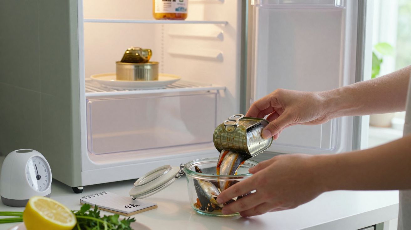 Pessoa a colocar sardinhas enlatadas numa taça de vidro em frente a um frigorífico aberto numa cozinha moderna.