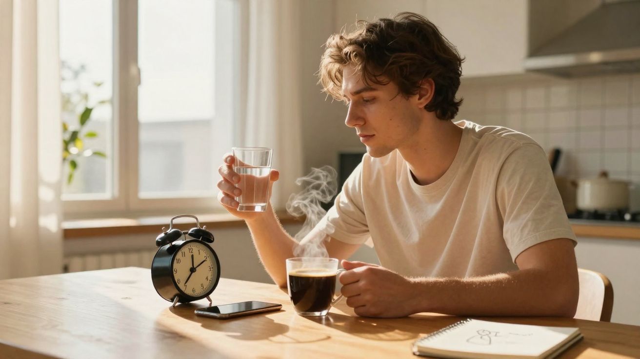 Jovem sentado à mesa de cozinha com chávena de café, copo de água, despertador e bloco de notas.