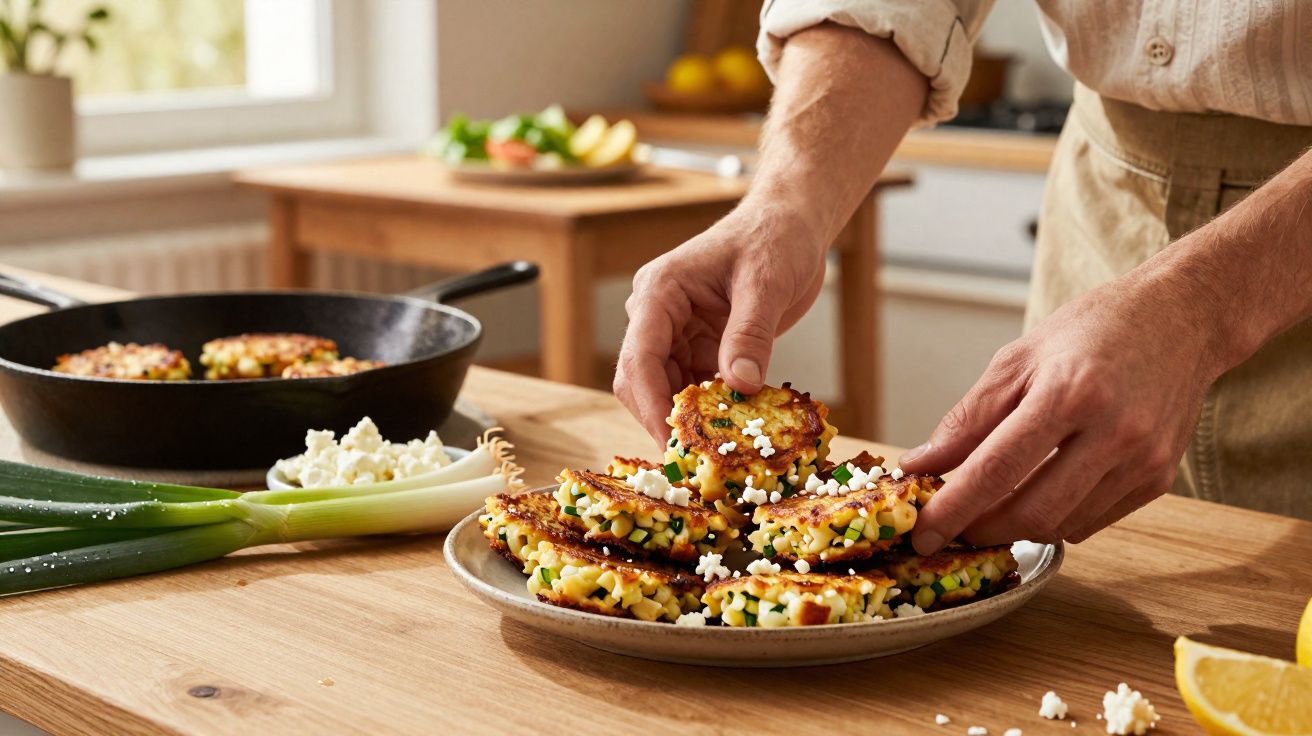 Pessoa a colocar bolinhos de legumes com queijo num prato, numa cozinha com frigideira ao fundo.