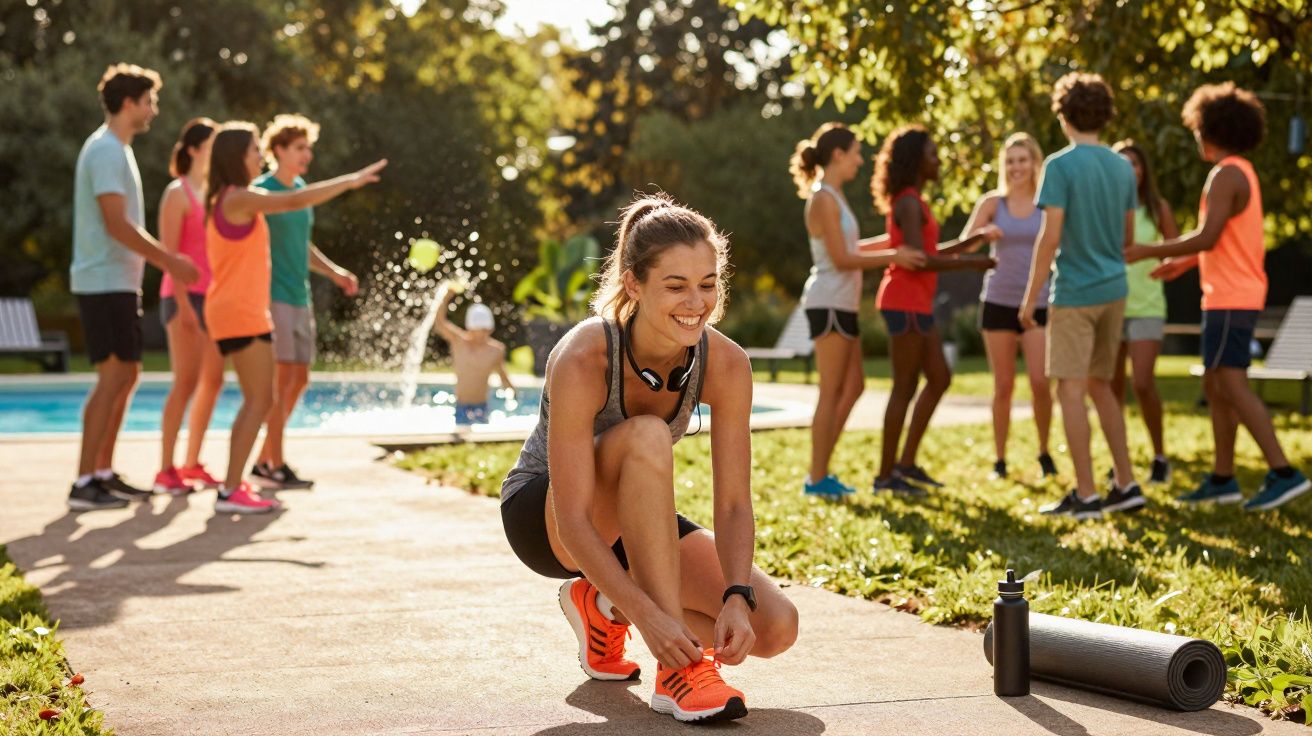 Jovem a amarrar ténis numa área exterior com grupo de pessoas e piscina ao fundo em dia soalheiro.