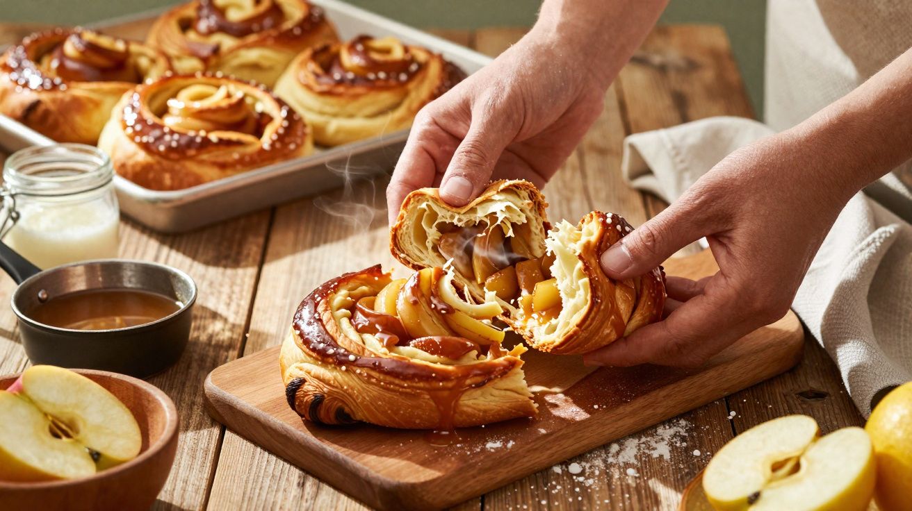 Mãos a partir um folar quente recheado com maçã e caramelo numa tábua de madeira, ao lado outros folados e maçãs.
