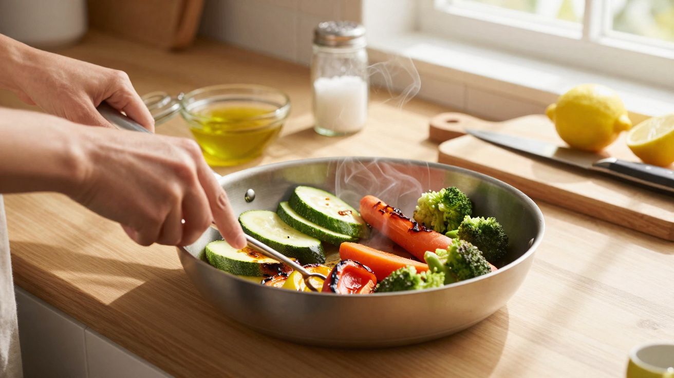 Mãos a cozinhar legumes variados numa frigideira, com brócolos, courgette, cenoura e pimento.