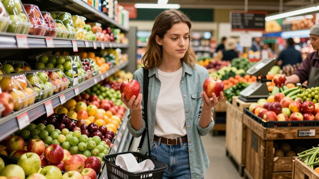 Mulher a escolher maçãs no supermercado rodeada de frutas variadas nas prateleiras.