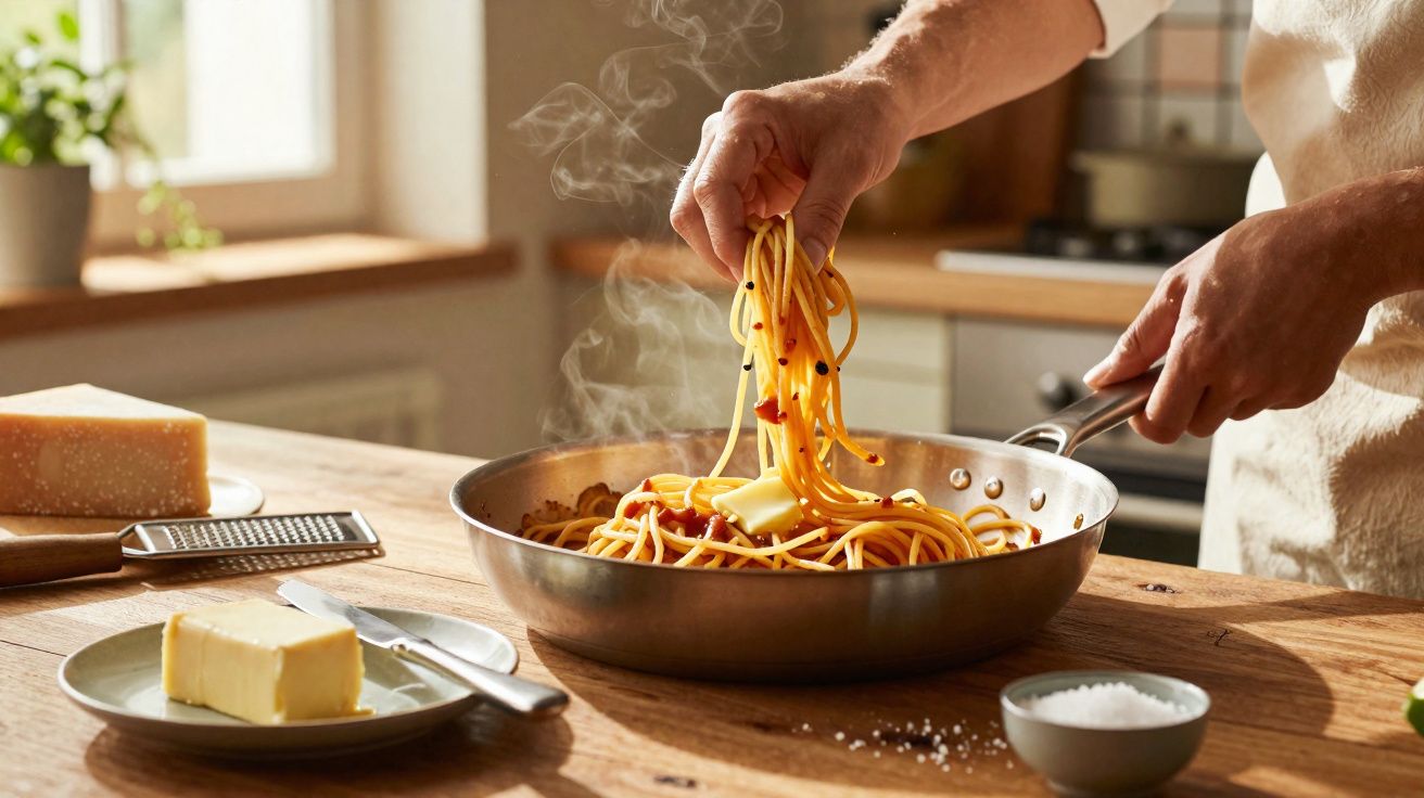 Mãos a cozinhar esparguete numa frigideira com vapor, manteiga e queijo na bancada de madeira.