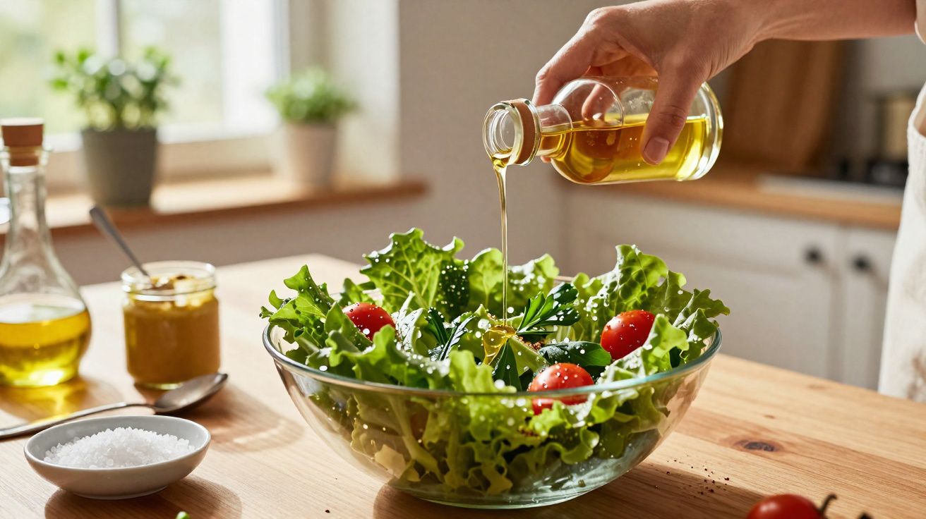 Pessoa a deitar azeite numa taça com salada de alface e tomate cherry numa cozinha iluminada.