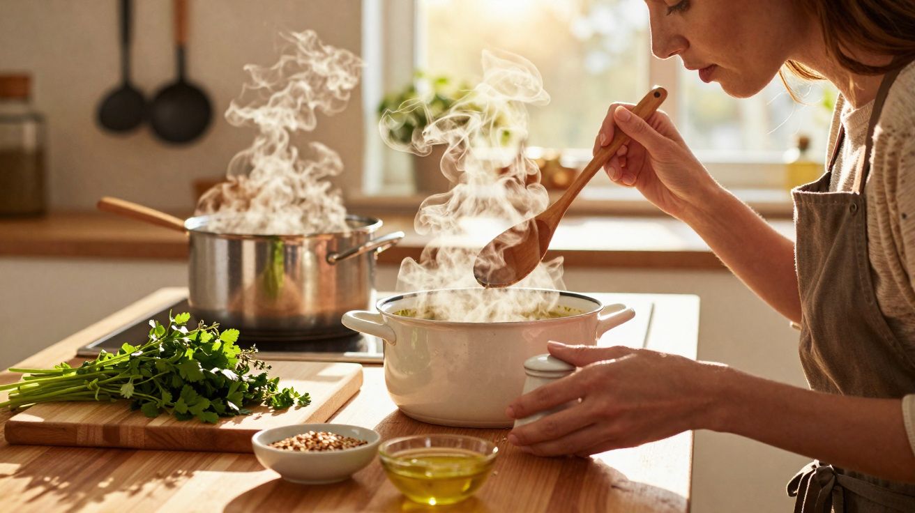 Mulher a provar sopa fumegante numa panela branca numa cozinha iluminada pelo sol.