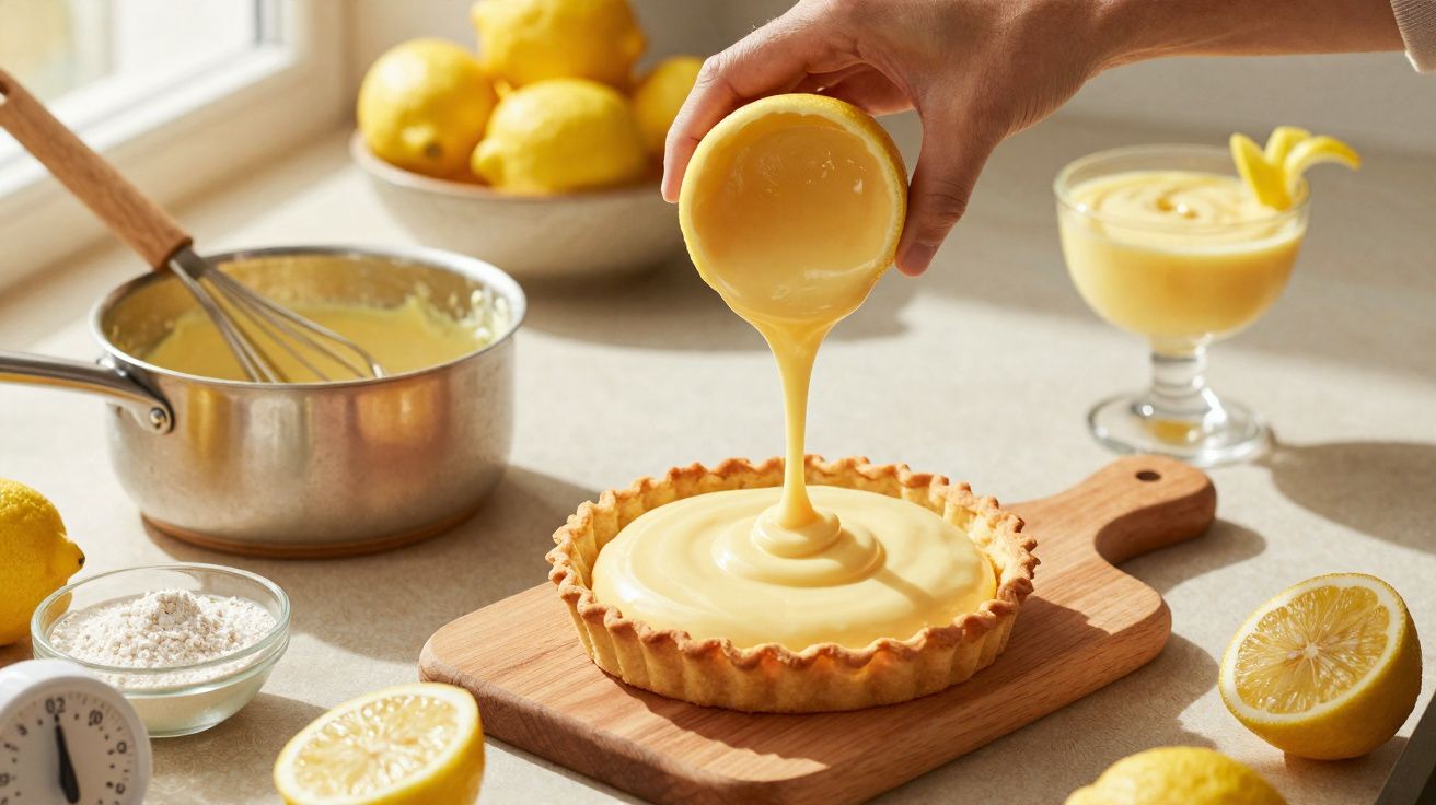 Mão a verter creme de limão numa tarte, com limões, utensílios e creme na mesa de cozinha iluminada.