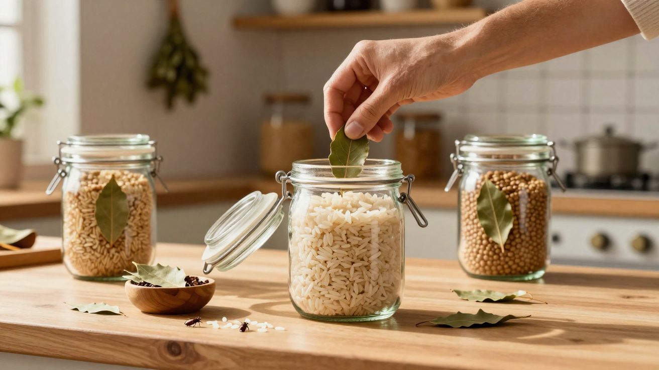 Mão a colocar folha de louro em frasco com arroz, ao lado de frascos com grãos e folhas na bancada da cozinha.