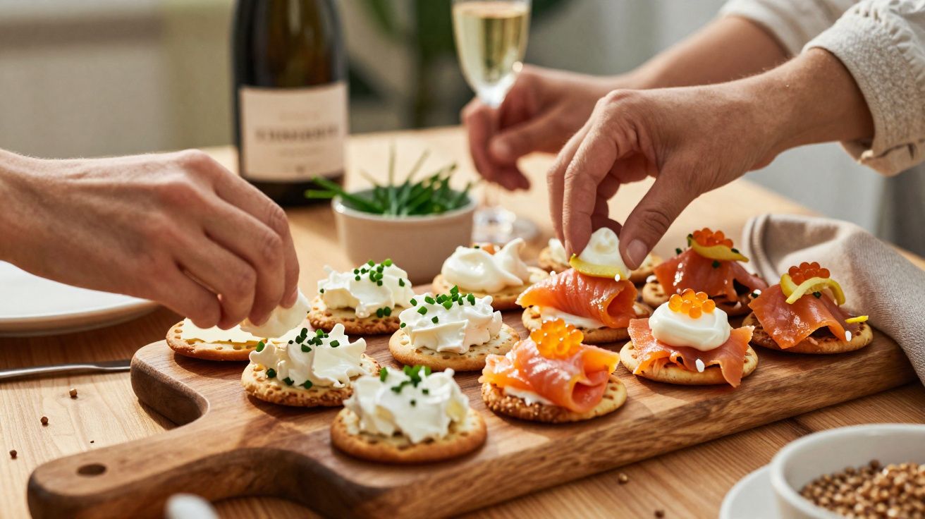 Mãos a preparar canapés com queijo creme, salmão fumado e ovas sobre tábuas de madeira numa mesa.
