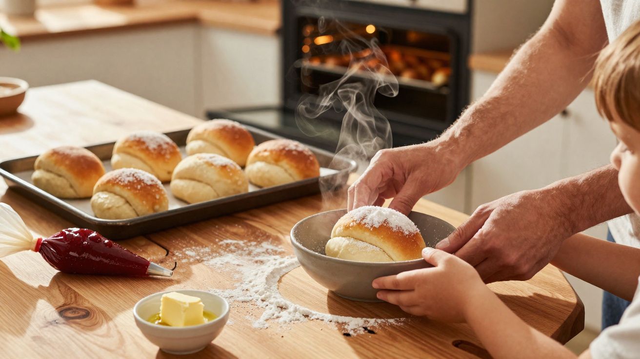Pão quente com açúcar em prato, mãos de adulto e criança, tabuleiro com pães e manteiga na mesa.