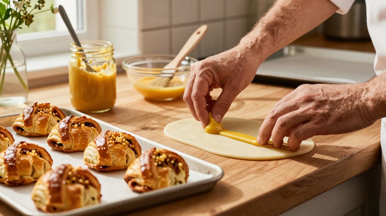 Mãos a preparar massa com recheio amarelo ao lado de tabuleiro com croissants decorados e frascos com molho.