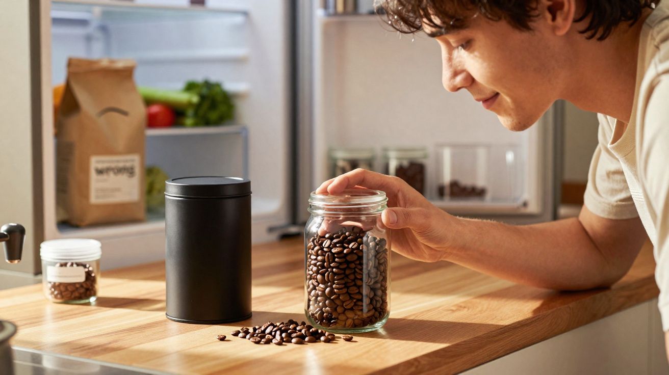 Homem a pegar num frasco com grãos de café numa cozinha com frigorífico aberto ao fundo.