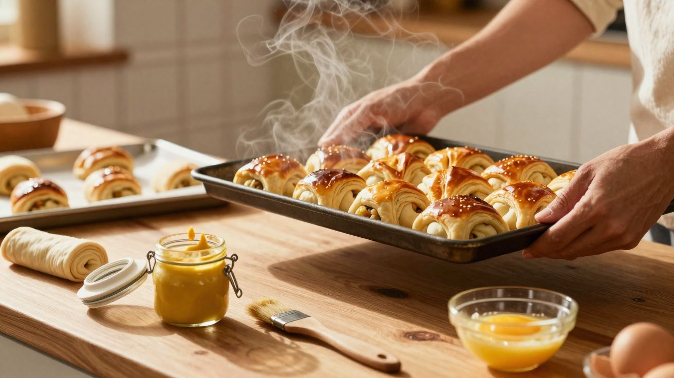 Pessoa a retirar do forno tabuleiro com croissants dourados frescos, ao lado ingredientes numa bancada de cozinha.