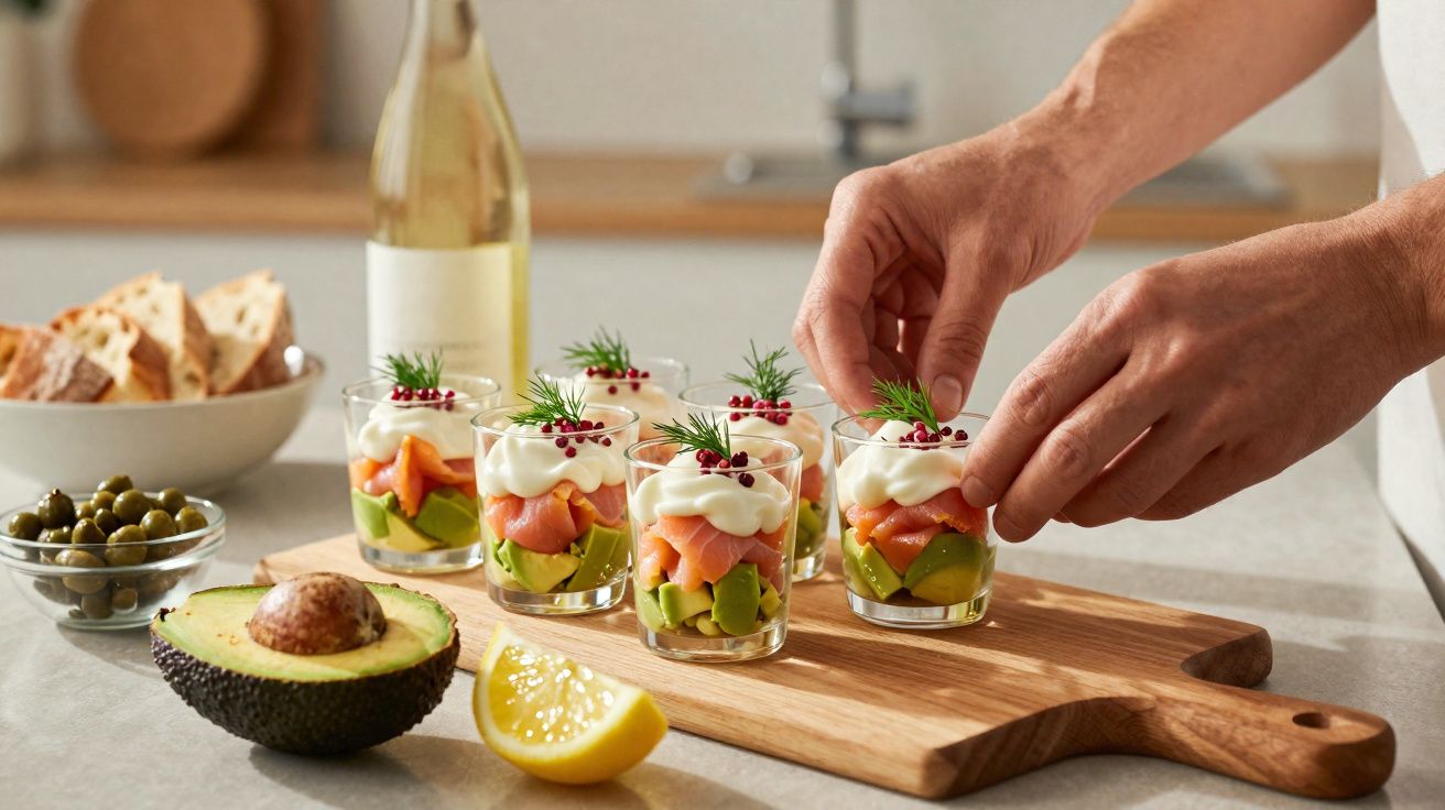 Mãos a decorar copos com salada de abacate, salmão e molho, ao lado de abacate, limão e azeitonas.
