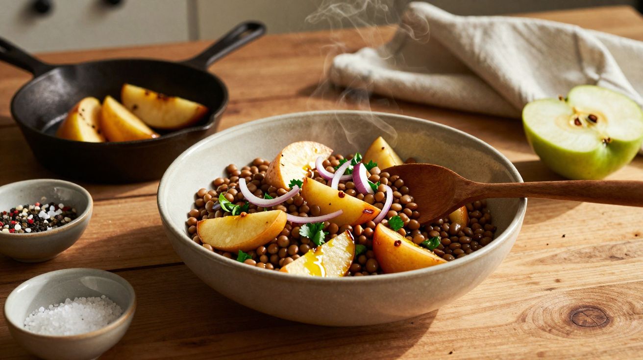 Tigela com lentilhas, fatias de maçã, cebola roxa e coentros, acompanhada por temperos e maçã verde partida.