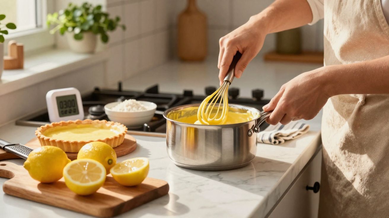 Pessoa a mexer creme amarelo numa panela de inox, com limões e tarte de limão na bancada da cozinha.
