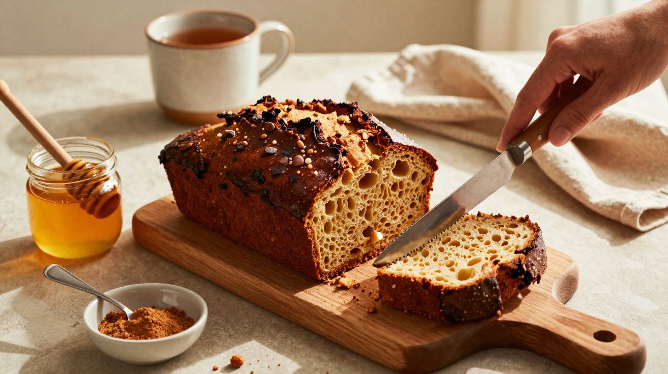 Pão caseiro com chocolate a ser cortado numa tábua de madeira, mel, canela e chá ao fundo.