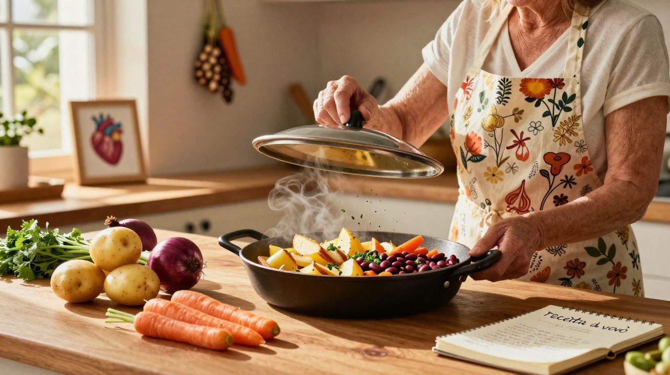 Pessoa idosa retira tampa de frigideira com legumes a cozinhar numa cozinha luminosa.