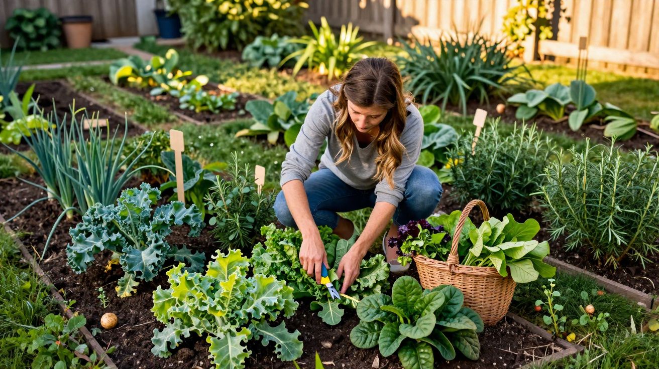 Mulher a colher folhas verdes numa horta caseira com várias plantas e cesto ao lado.