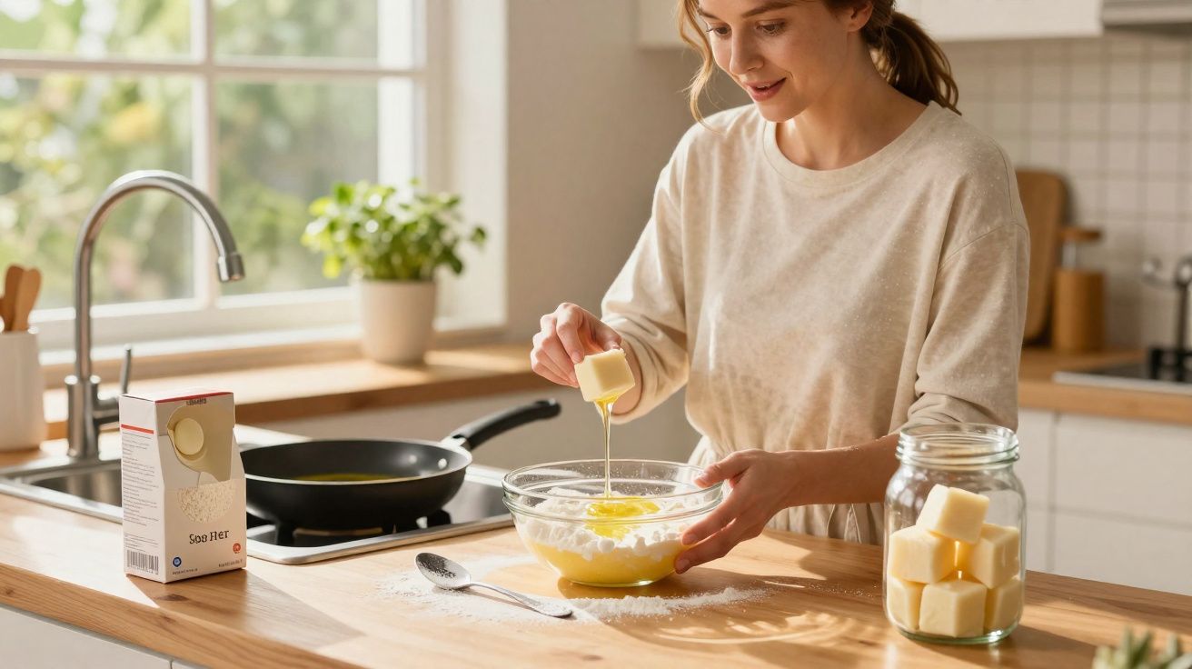 Mulher a cozinhar na cozinha, a misturar ingredientes numa taça de vidro numa bancada de madeira.