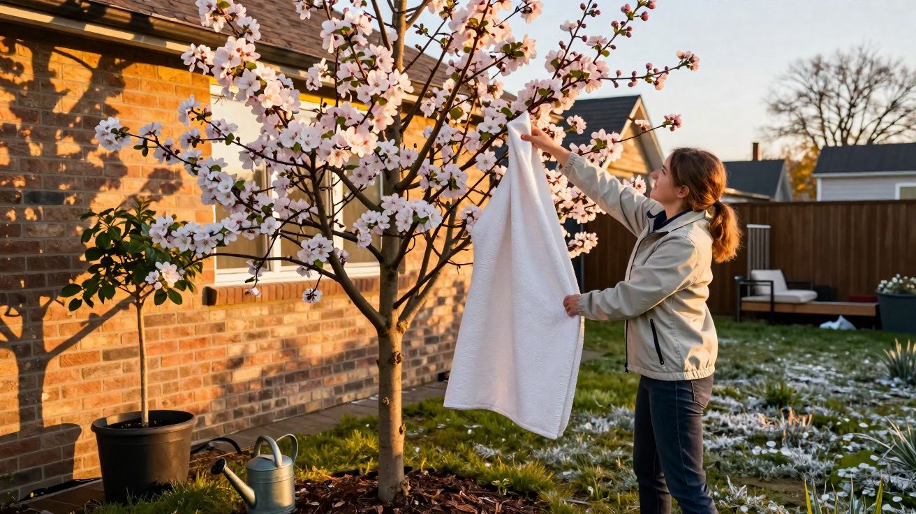 Menina pendura toalha branca num ramo de uma árvore florida no jardim durante o pôr do sol.
