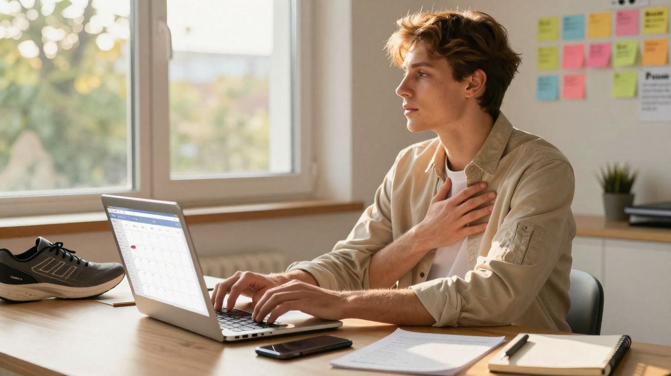 Jovem sentado na secretária a trabalhar num portátil, olhando pela janela com a mão no peito.