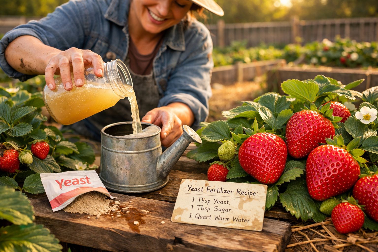 Pessoa a preparar fertilizante caseiro com levedura para plantas de morango num jardim.