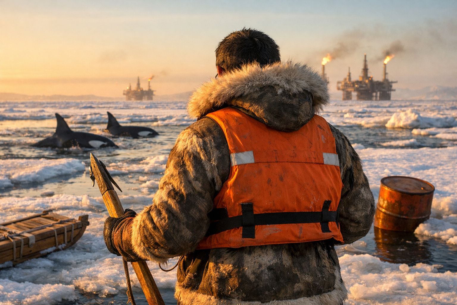 Homem com colete salva-vidas observa orcas no mar gelado perto de plataformas petrolíferas ao pôr do sol.