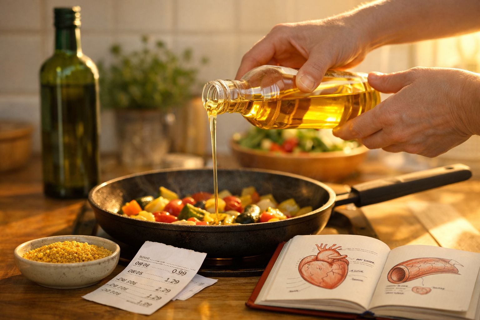 Mão a deitar azeite numa frigideira com legumes, acompanhada de livro de anatomia aberto e ingredientes na mesa.