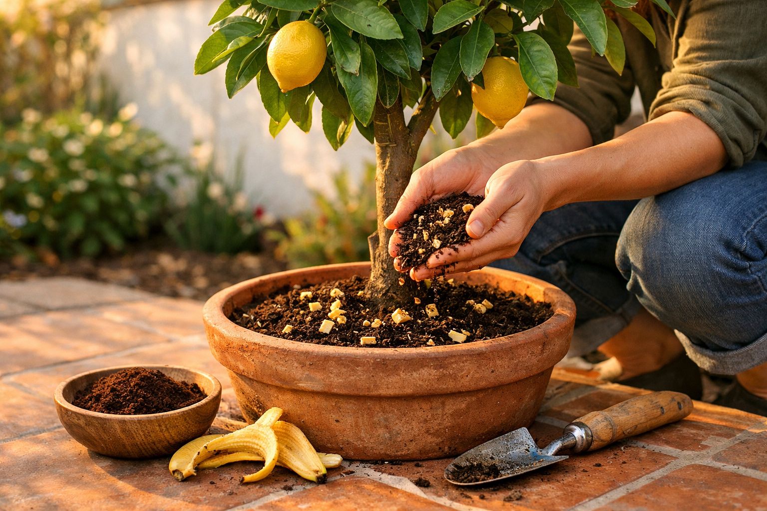 Pessoa a adubar árvore de limão num vaso de cerâmica, com terra e cascas de banana ao lado.