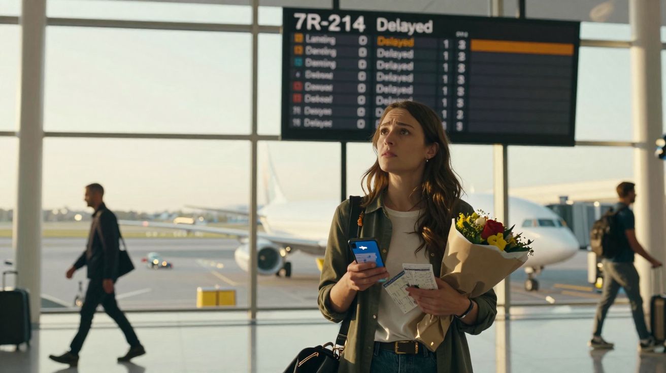 Mulher no aeroporto com flores e bilhetes, painel mostra voos atrasados ao fundo.