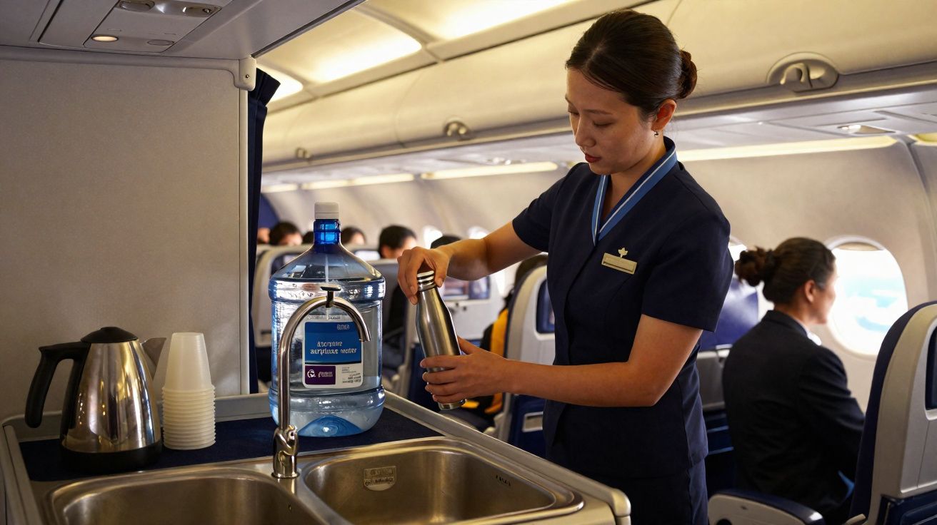 Tripulante de cabine a encher garrafa de água num avião comercial durante voo para Cabo Verde.