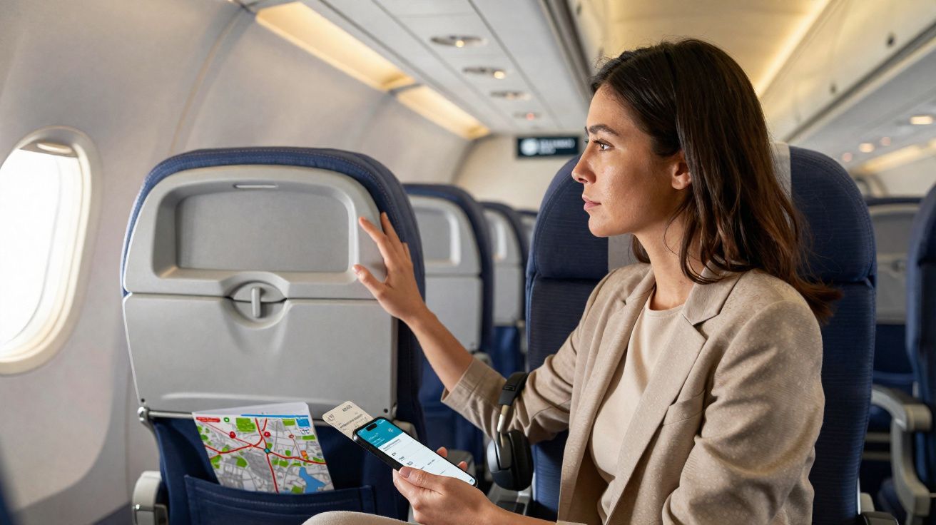 Mulher sentada num avião, olhando pela janela, segurando telemóvel e mapa na mão.