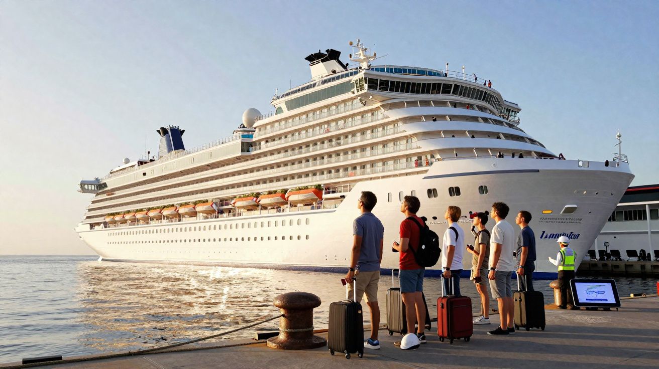 Cruzeiro atracado no porto com grupo de cinco passageiros e bagagens na fila aguardando embarque.
