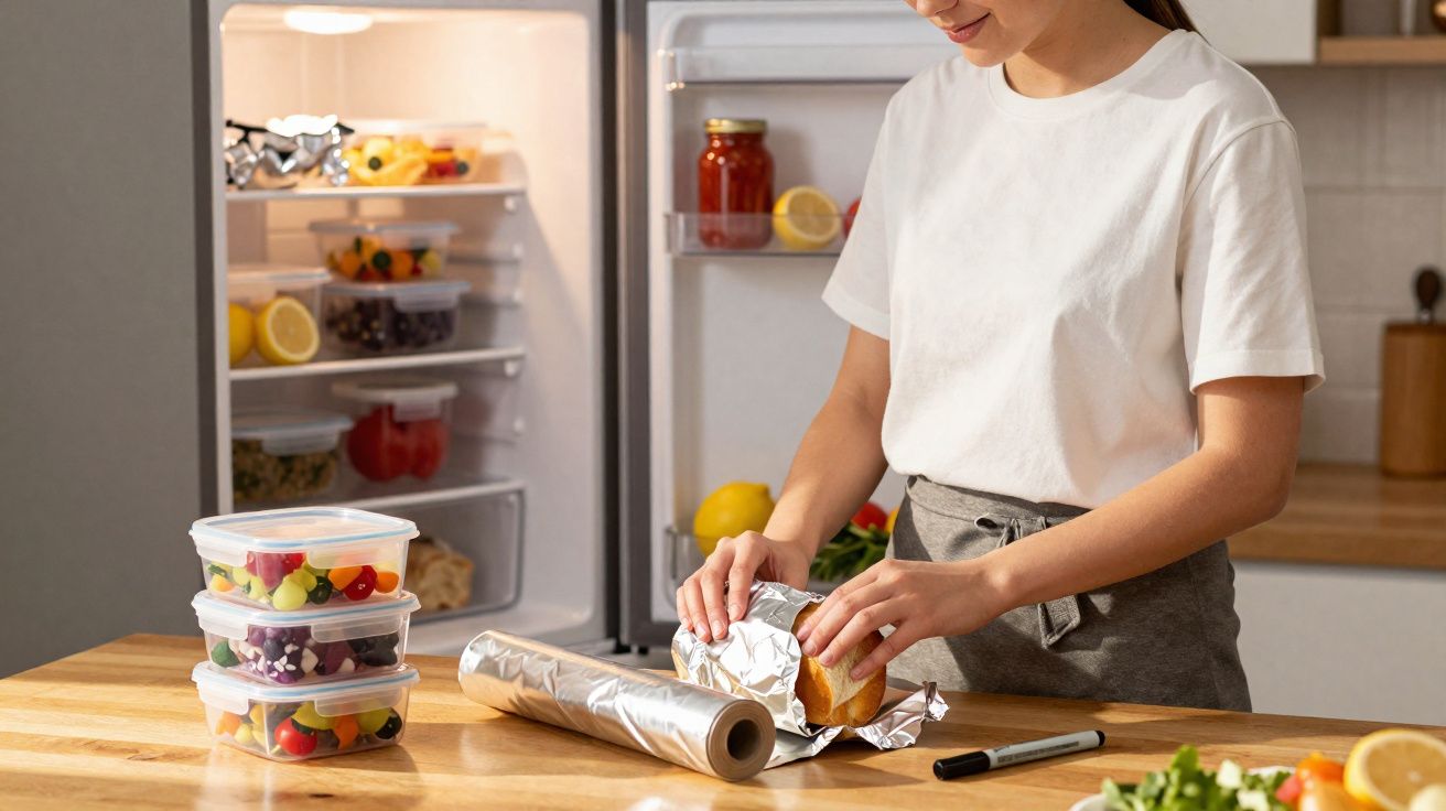 Pessoa a embrulhar pão em papel de alumínio, com frascos de salada e frigorífico aberto ao fundo.