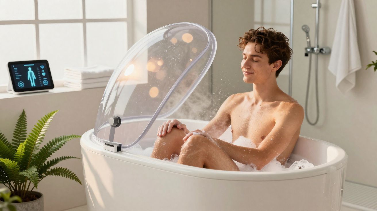 Homem relaxa numa banheira moderna com tampa transparente num banheiro claro e minimalista.