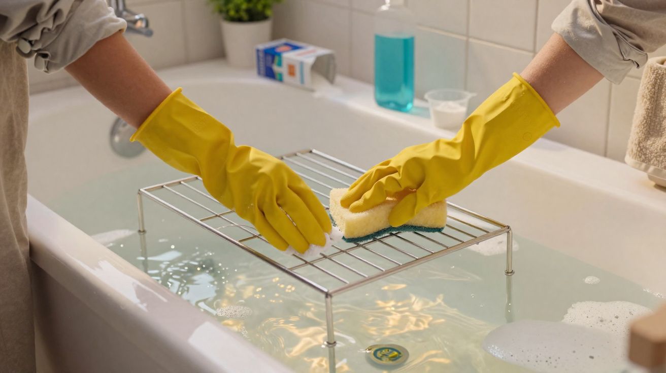 Duas mãos com luvas amarelas limpam uma grelha metálica num tabuleiro com água e espuma.