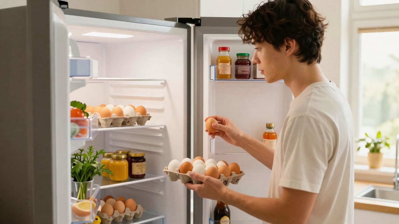 Jovem a tirar ovo do frigorífico aberto numa cozinha luminosa com plantas na janela.