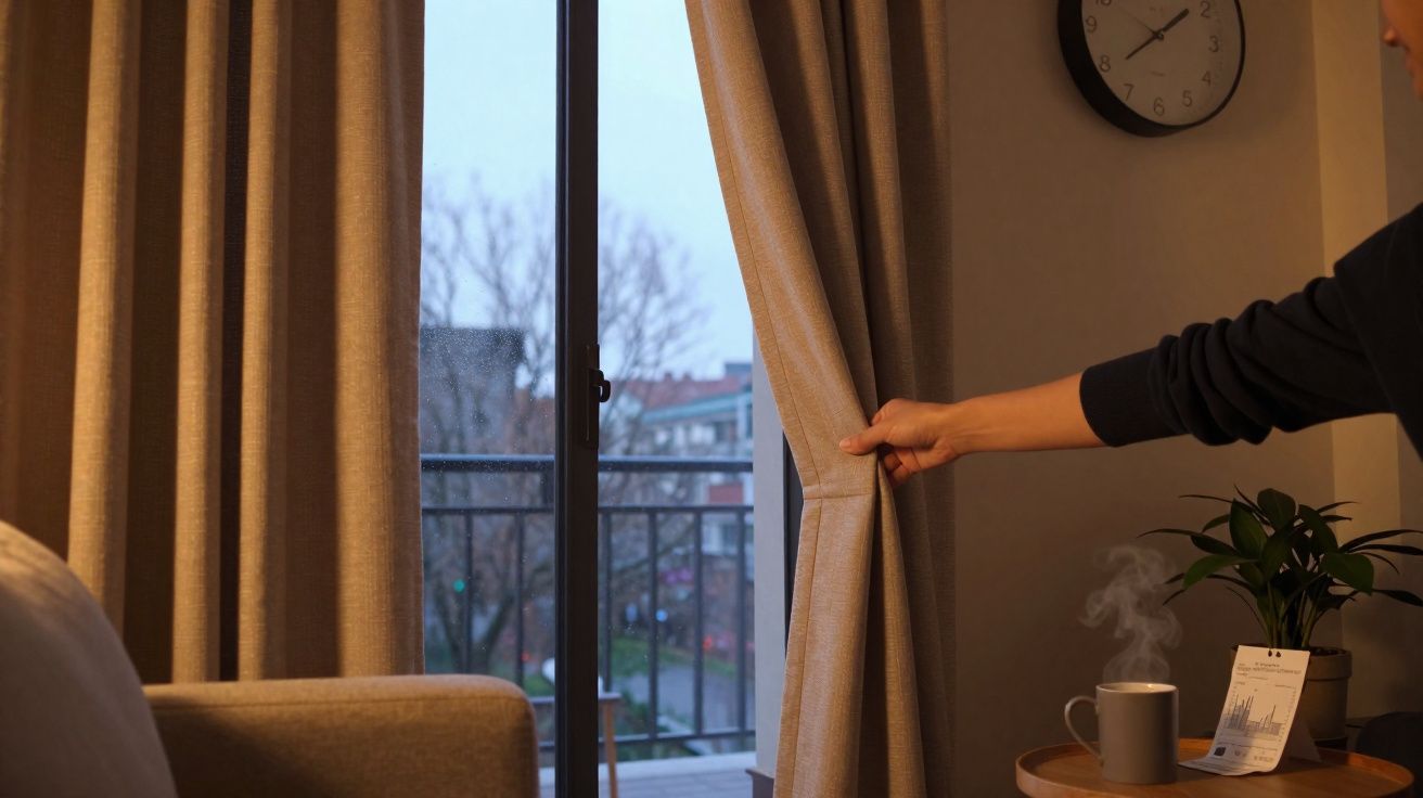 Pessoa a abrir cortinas castanhas numa sala com sofá, relógio e chávena de chá quente na mesa.