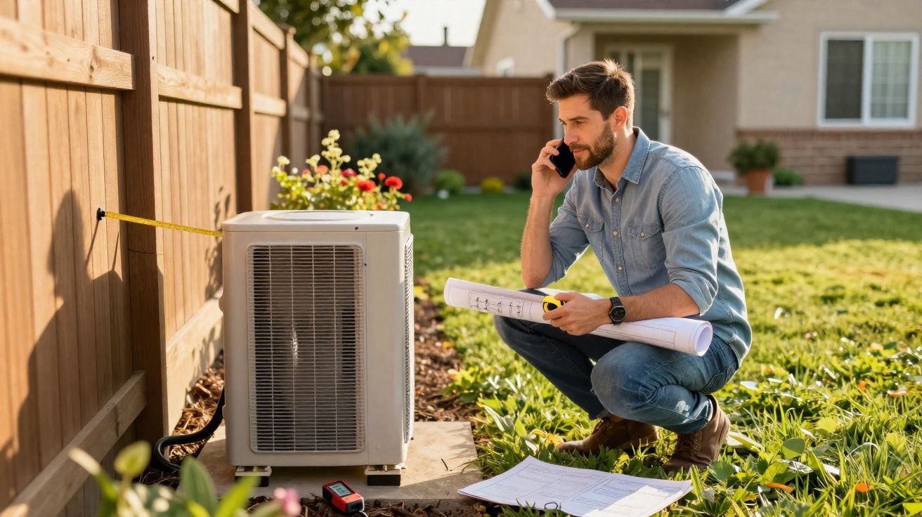 Homem mede unidade exterior de ar condicionado no jardim enquanto fala ao telemóvel e consulta plantas.