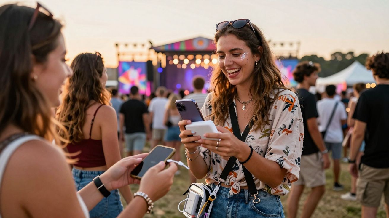 Jovens felizes a usar telemóveis durante festival ao ar livre com palco iluminado ao fundo.
