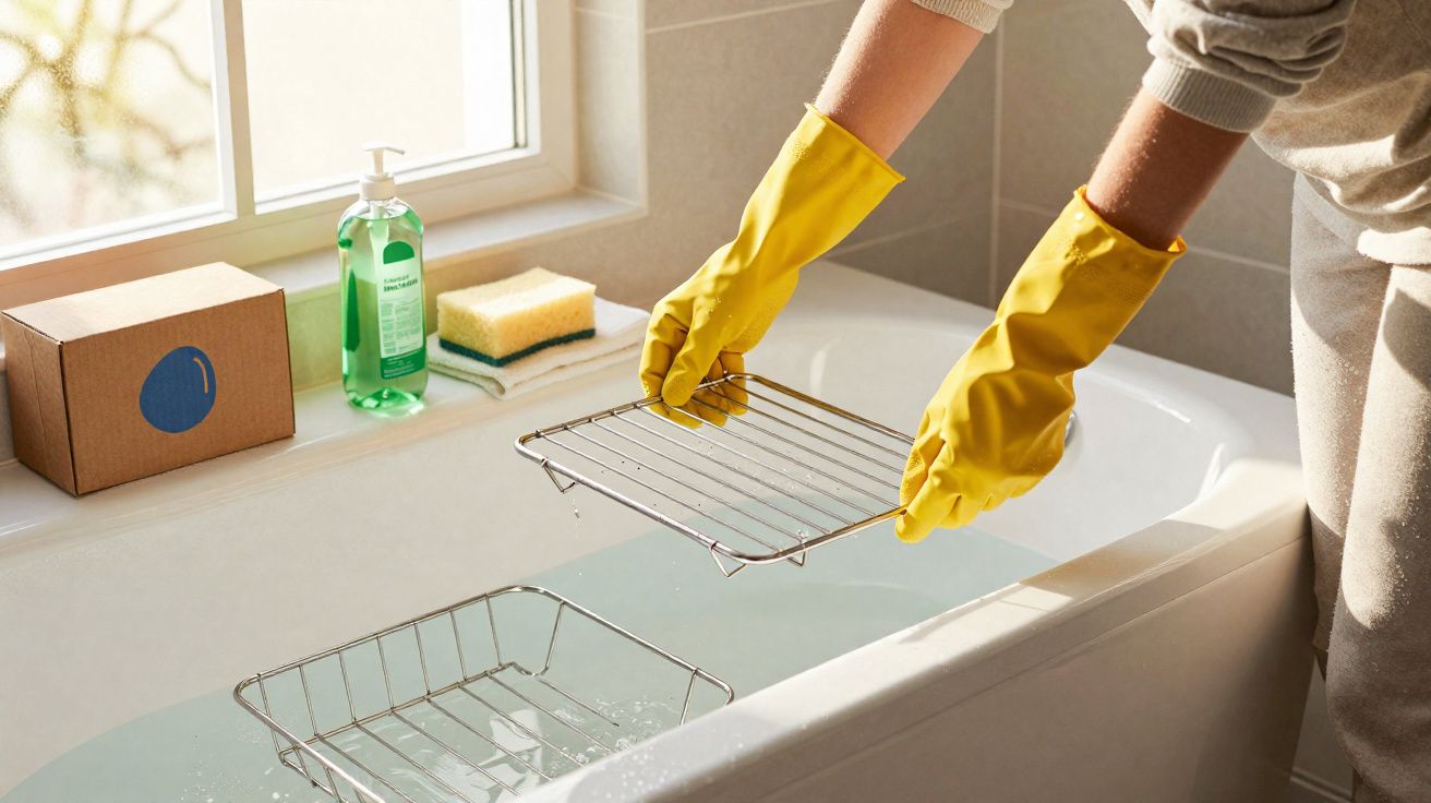 Pessoa com luvas amarelas a lavar grelhas metálicas numa banheira cheia de água.